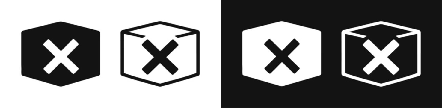 Box with X mark icon set, delivery error or rejected parcel symbol