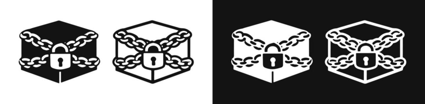 Box with crossed chains and padlock icon set, blocked or highly protected cargo