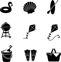Summer Recreation Icons Float Seashell Paddleboard Grill Kites And Beach Accessories © Zinia