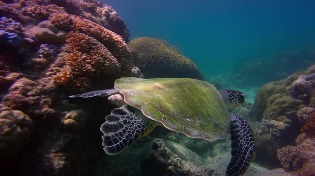 Green sea turtle resting on vibrant coral reef underwater with showcasing intricate marine life natural beauty turtle gliding gracefully serene underwater setting