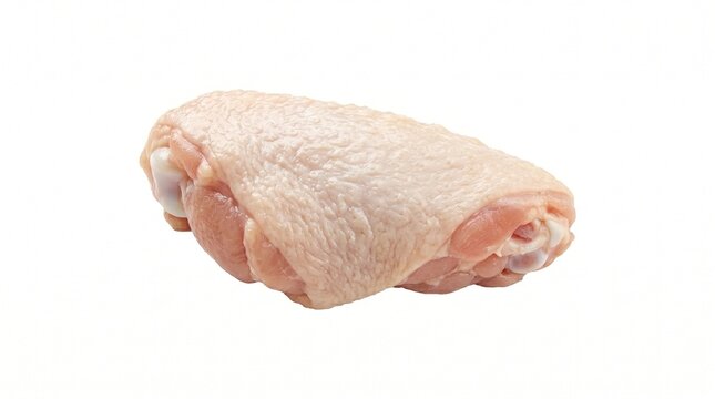 Fresh raw chicken thigh with skin isolated on white background, ready for cooking and food preparation