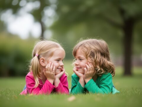 Two young girls lying on the grass in a park, looking at each other and smiling