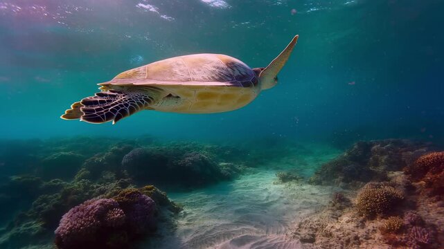 Graceful green sea turtle swimming through coral reef underwater ecosystem with surrounded coral formations illuminated natural sunlight filtering through water