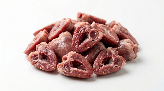 Pile of fresh, raw animal hearts, halved and ready for culinary preparation, offering a close-up view of their internal texture and rich, natural color on a clean white surface