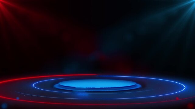 Neon event podium platform visual red and blue light rings, cinematic dark space, and soft stage beams. launch promos, award openers, concert backgrounds, gaming screens, motion