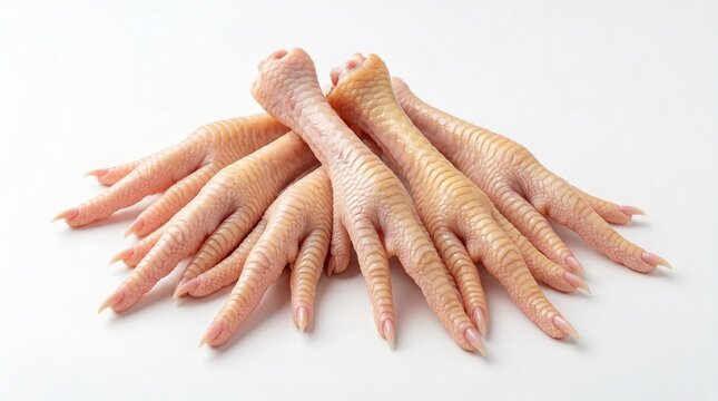 Fresh Raw Chicken Feet Isolated on a Pure White Background, Traditional Ingredient for Asian Cuisine and Collagen-Rich Broth