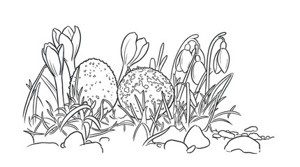 Naklejka premium Spring flowers and Easter eggs among greenery — gentle, joyful atmosphere of nature’s awakening and Easter celebration