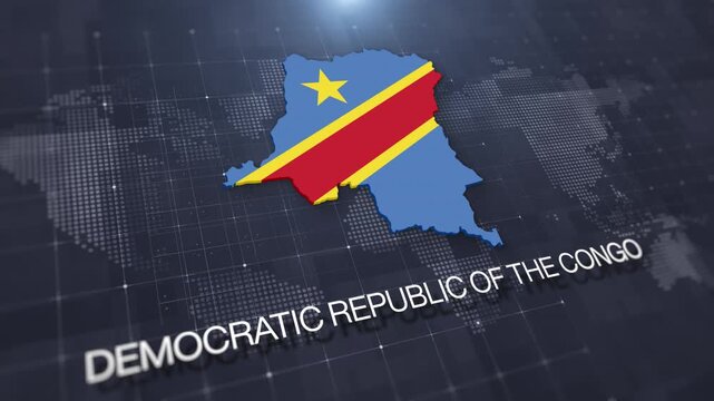 Democratic Republic Of The Congo map with national flag on digital world map background, geographic border, global political and international news concept