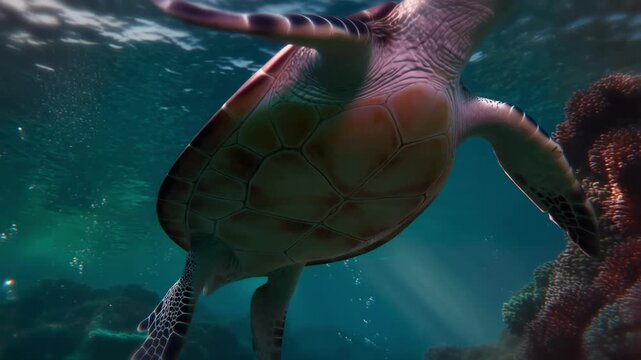 Graceful green sea turtle swimming through coral reef ecosystem with captures serene underwater turtle gracefully gliding vibrant coral formations