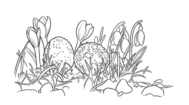 Spring flowers and Easter eggs among greenery &mdash; gentle, joyful atmosphere of nature&rsquo;s awakening and Easter celebration