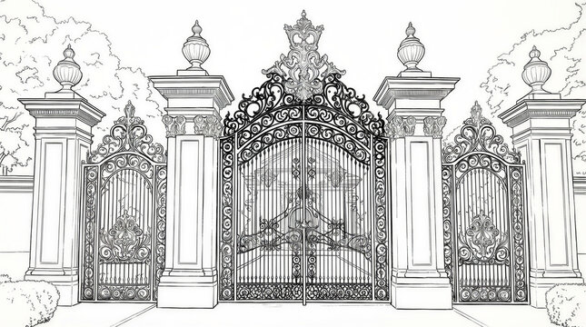 Ornate wrought-iron gates with coat of arms and columns &mdash; grand, ceremonial atmosphere of palace entrance and aristocratic heritage