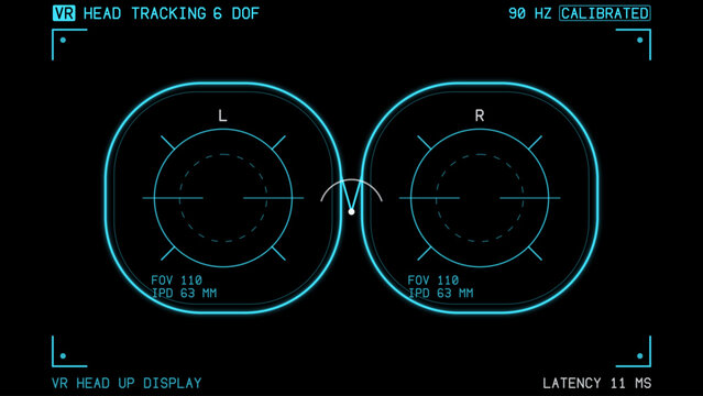 Virtual reality. Futuristic VR Head-up Display Design. Sci-Fi Helmet HUD. Future Technology. Hi tech future. VR headset head up display on black with twin lens visor mask and aiming rings, sci fi