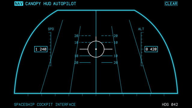Virtual Technology Futuristic User Interface HUD Grid. Spaceship FUI GUI Backdrop Design. Science Fiction. Spaceship cockpit canopy HUD on black with arched glazing frame, pitch ladder and speed