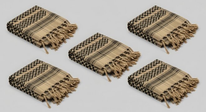 Multiple folded keffiyeh scarves with traditional patterns and fringe displayed in a studio setting.
