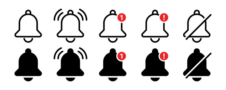Notification bell icon collection. Alert icon for incoming inbox message. Ringing bell and notification number sign for alert and alarm vector design