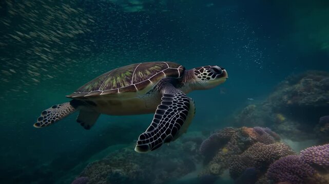 Graceful green sea turtle swimming through vibrant coral reef underwater ecosystem with showcasing intricate coral formations natural marine beauty vivid detail