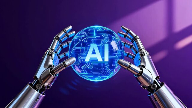 Robot hands holding AI sphere