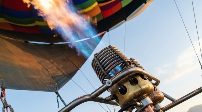 Close-up of a hot air balloon burner firing a powerful flame to inflate the colorful envelope against a clear blue sky.