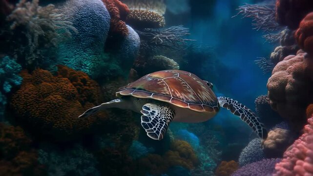 Green sea turtle gracefully swimming through vibrant coral reef ecosystem with sunlit aquatic environment navigating lush underwater vibrant textures serene