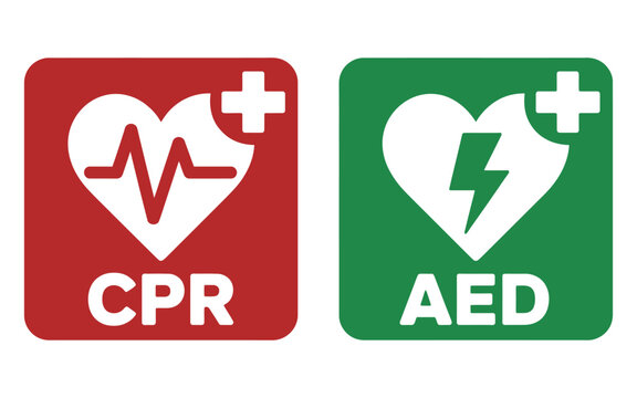AED, Emergency CPR Icon Set Featuring Automated External Defibrillator Symbols, Green and Red Heart Signs, First Aid Equipment, Medical Rescue, Emergency Response.