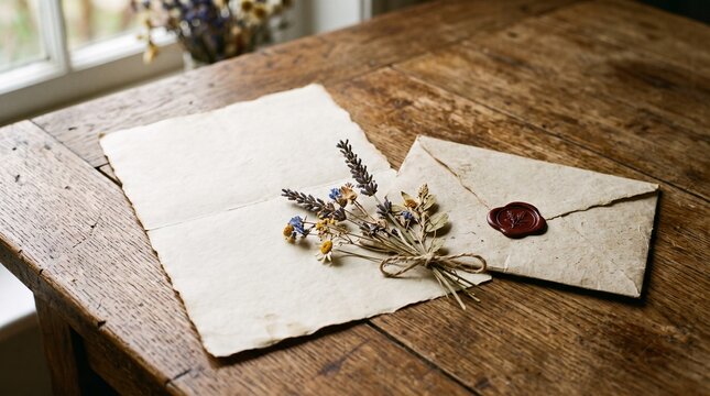 Vintage letter with dried flowers and wax seal on rustic wooden table