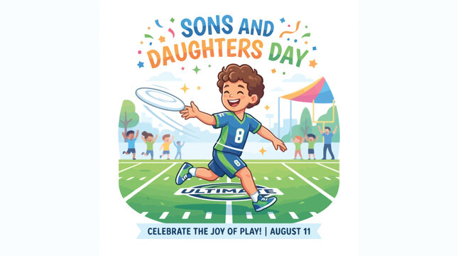 Young boy playing ultimate frisbee at park for Sons and Daughters Day celebration festive vector sports graphic