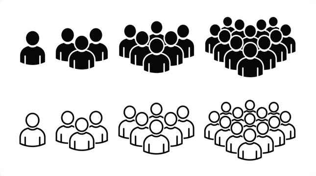 Set of black and white showing groups of people in increasing numbers, from single individuals to large crowds in solid and outline styles