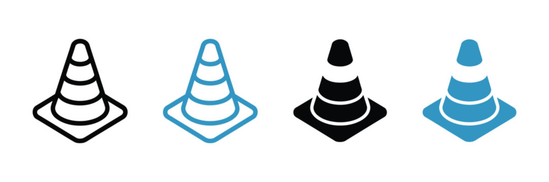 Traffic cone icons featuring multiple styles for road safety, construction warning, hazard markers and traffic control vector illustration