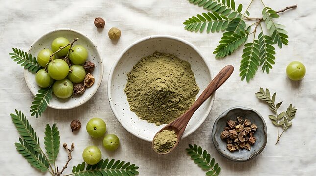 Fresh amla fruits with green powder in bowls and wooden spoon on a light stone table top view. amla powder