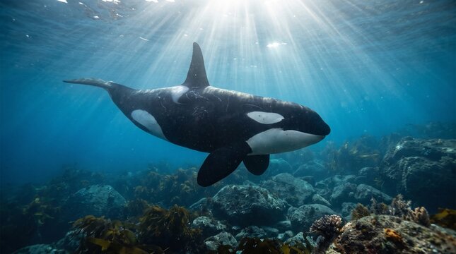 Orca Killer Whale Swimming Underwater: Majestic orca, also known as a killer whale, glides effortlessly through crystal-clear ocean water.