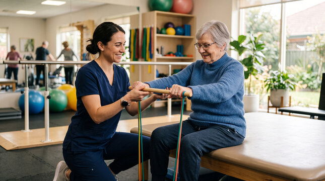 Physical therapist assists elderly woman with resistance band exercise in rehabilitation clinic