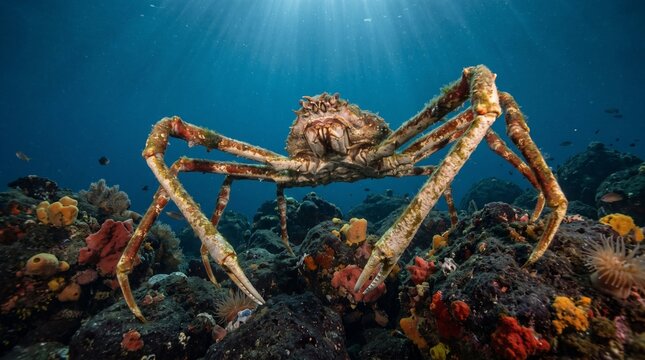 Colossal Crab on Coral Reef: A massive Japanese spider crab, with its impressive leg span and spiky exoskeleton, cautiously navigates a vibrant coral reef teeming with life.