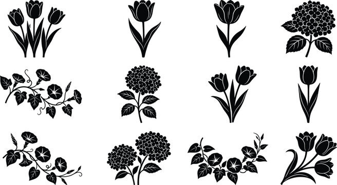 Flower silhouettes vector collection featuring solid black tulips, hydrangeas, and morning glories on white background