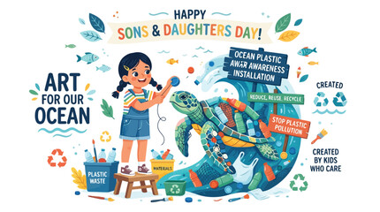 Obraz premium Girl creating ocean plastic awareness art installation for sons and daughters day flat vector illustration