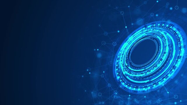 Cyan tech ring copy space visual luminous circular interface, faint network mesh, dark blue abstract layout. for product titles, AI explainers, website headers, software promos, motion graphics.
