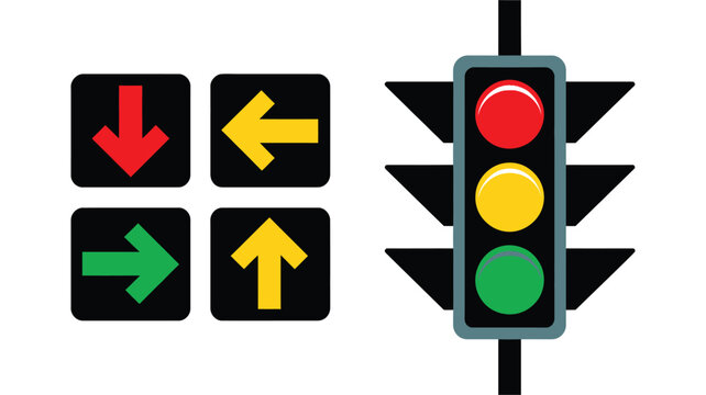 Traffic signal icon designs with red, amber and green lights for road control, transportation, driving safety and navigation vector
