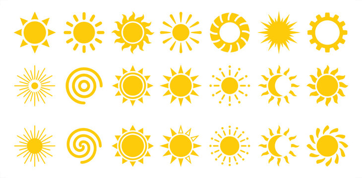 Set of eighteen yellow sun flat featuring various rays, circular shapes, and stylized solar on white background