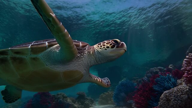 Graceful green sea turtle swimming through vibrant coral reef ecosystem with showcasing intricate underwater textures natural marine beauty motion