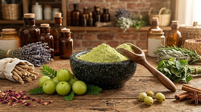 Green amla powder in a stone mortar with fresh gooseberry fruits and ayurvedic herbs on wooden table. amla powder
