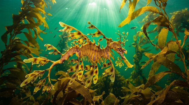 Leafy Sea Dragon Amidst Kelp Forest: A stunning leafy sea dragon, a master of camouflage with its leaf-like appendages, glides gracefully through a vibrant kelp forest.