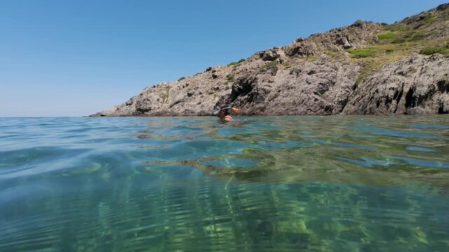 Split view of a woman snorkeling in transparent water