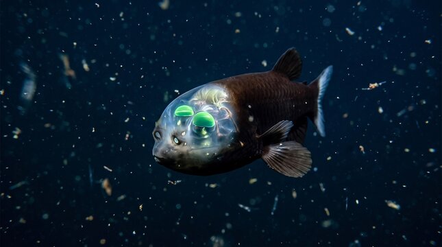 Barreleye Fish in Deep Sea: A rare Barreleye fish, known for its transparent head and upward-facing tubular eyes, navigates the dark, mysterious depths of the ocean, surrounded by plankton.