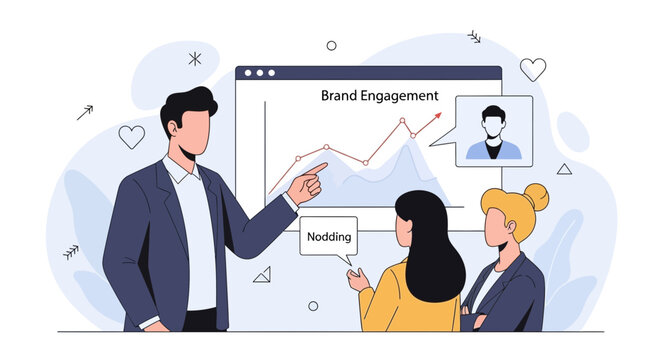 Business meeting analyzing brand engagement graph, presenter explaining metrics to nodding audience, marketing strategy concept