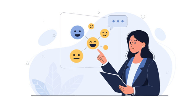 Businesswoman analyzing customer feedback with sentiment analysis chart showing various emotions and emojis.