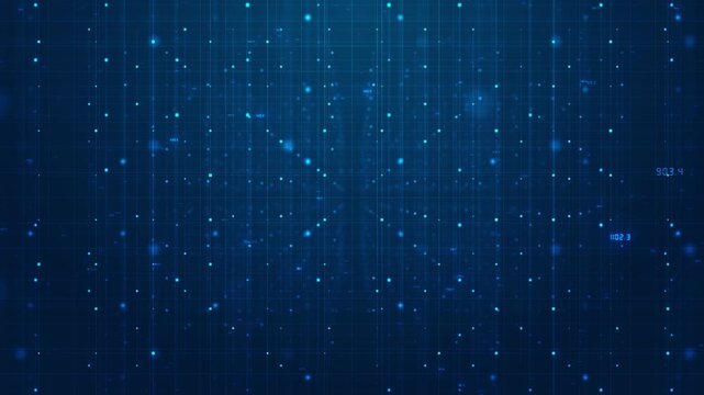 Blue digital grid rain falling vertical lines, glowing square particles, faint numbers, abstract data field. analytics videos, 19 intros, software screens, AI visuals, motion overlays.