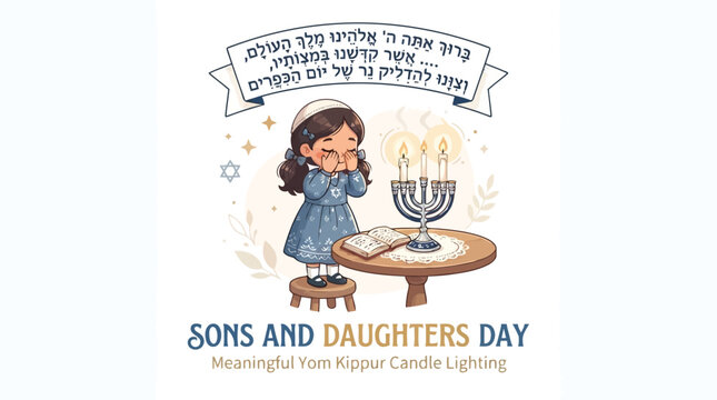Young girl lighting candles for Yom Kippur prayer with traditional Hebrew text