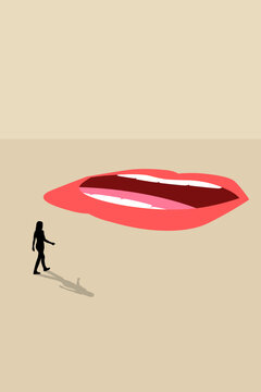 Business woman facing giant mouth in ground. concept of workplace discrimination gossip and criticism. Symbol of office gossip, gender bias, verbal harassment, professional criticism, career obstacle