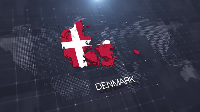 Denmark map with national flag on digital world map background, geographic border, global political and international news concept