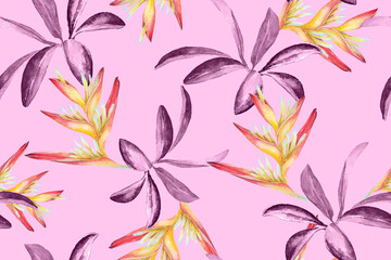 Seamless pattern of heliconia and tropical plant painted in watercolor.Natural flower background.For fabric and wallpaper designs from the forest. © joy8046