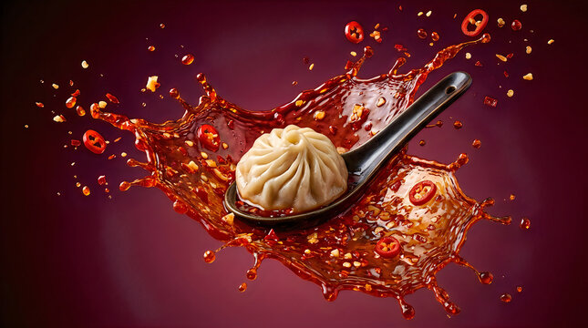 Delicious steamed dumpling on a spoon with spicy red chili sauce splashing on a dark background